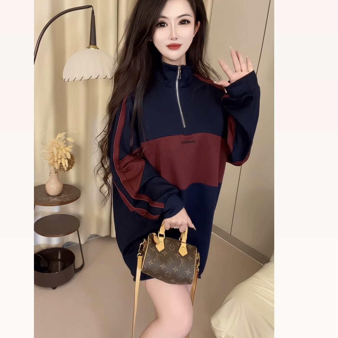 拼接撞色新款卫衣女秋冬半拉链外套韩版宽松时尚百搭休闲慵懒上衣