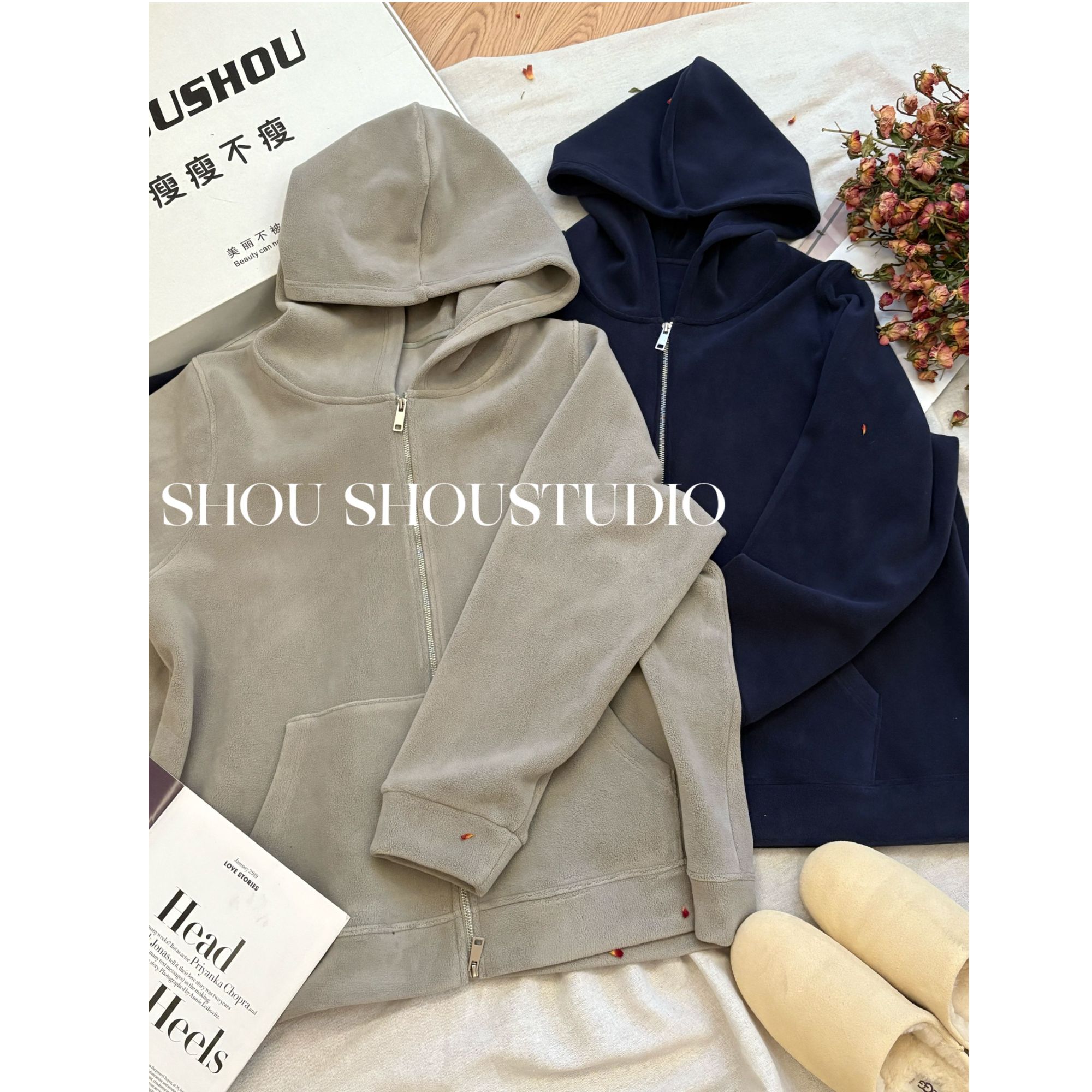 【菲菲】大码连帽加厚拉链卫衣外套+高腰垂感裤复古套装S02299