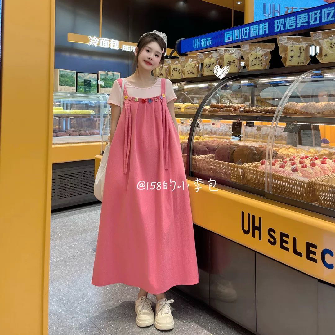 仙女风A字宽松腰减龄夏季时尚背带裙套装