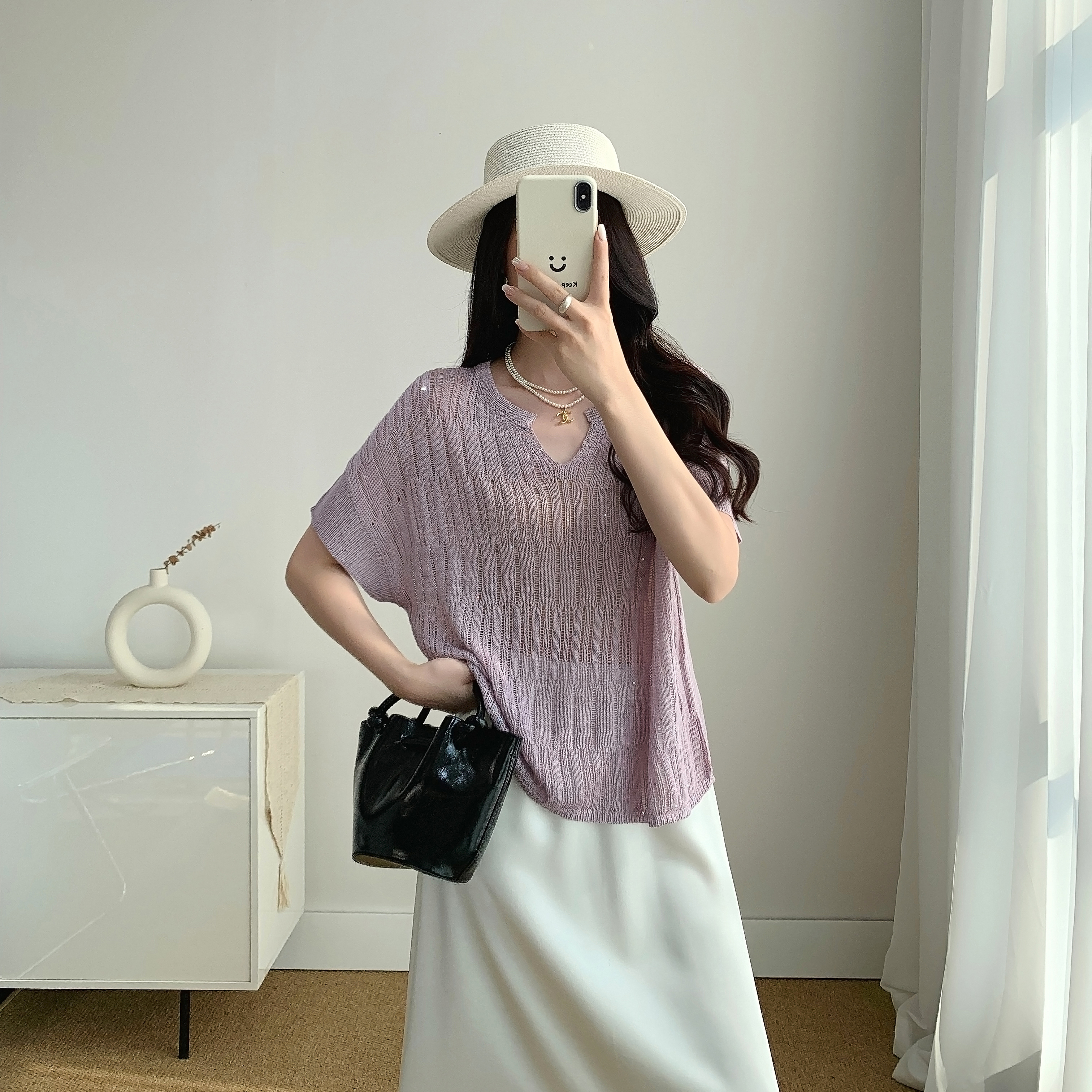 2025夏季新款法式慵懒风v领针织衫短袖女宽松遮肉显瘦T恤上衣