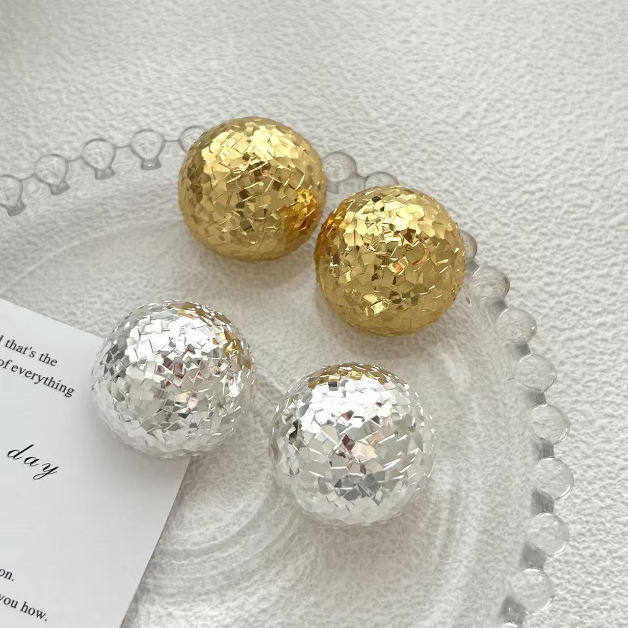 铜合金铅玻璃耳饰 碎冰冰肌理圆形耳钉女小众设计刻面球形几何耳