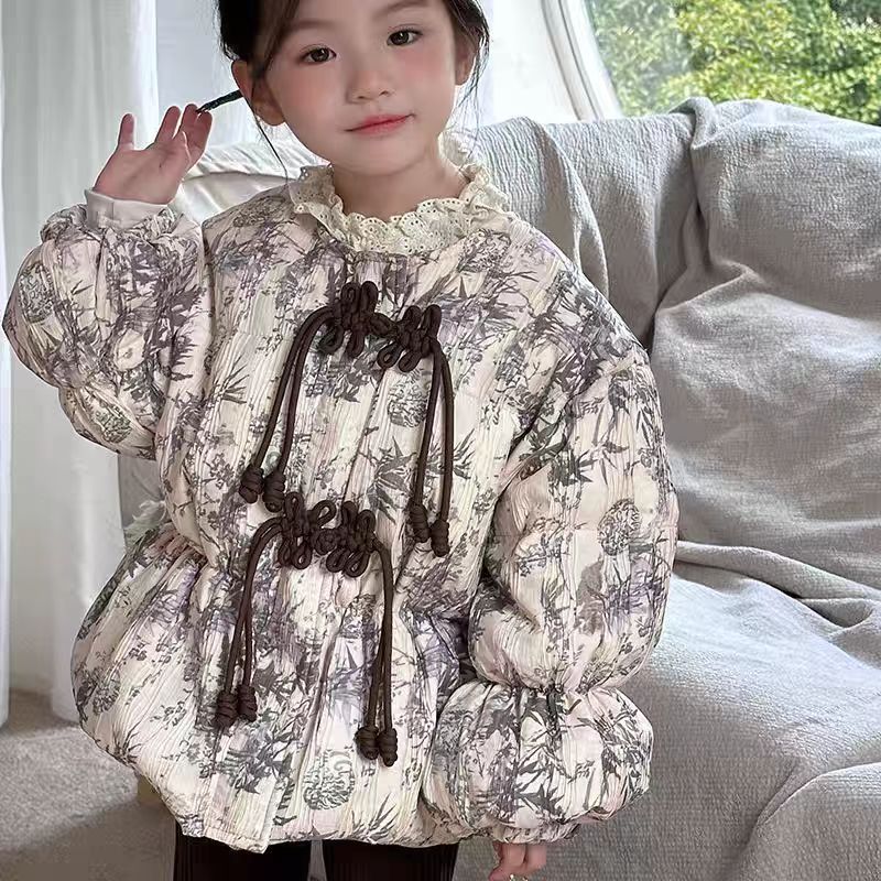 女童冬季水墨画棉衣新中式圆领棉袄时尚洋气外套A5-6-4