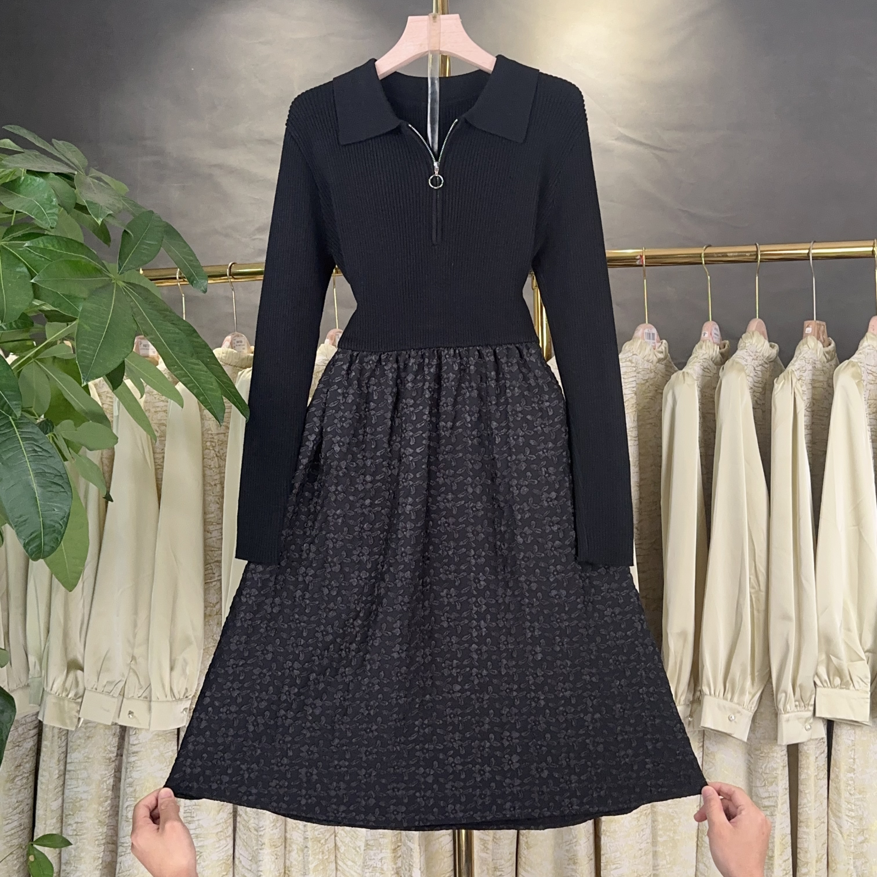 【RG1562】2025新款显瘦气质长袖针织时尚收腰中长款百搭修身连衣裙