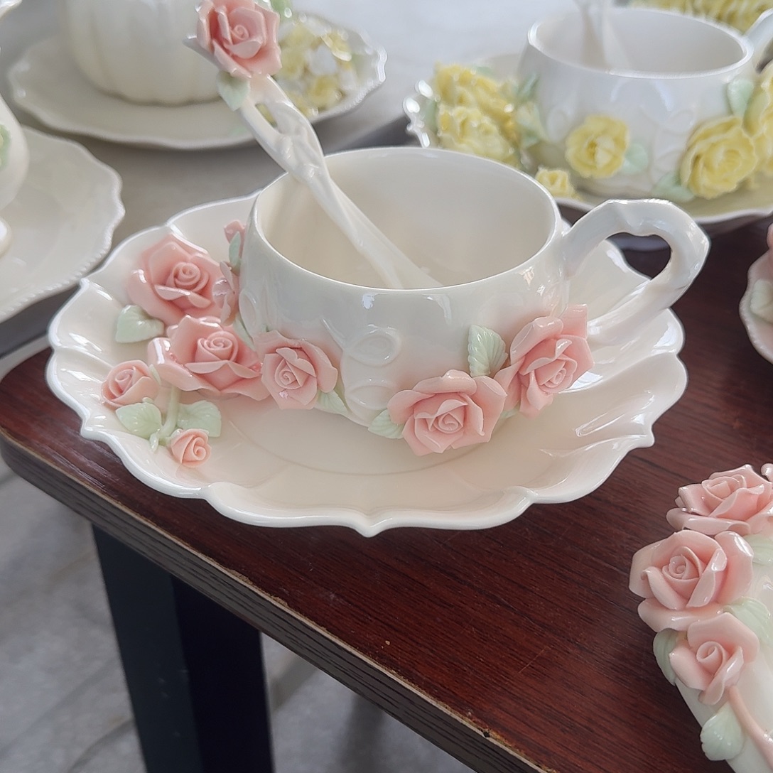 玫瑰花咖啡杯碟加勺子