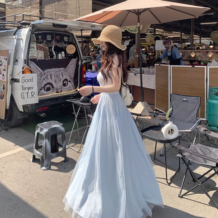 【芭蕾舞曲】长款纯欲甜美网纱吊带连衣裙春季度假裙