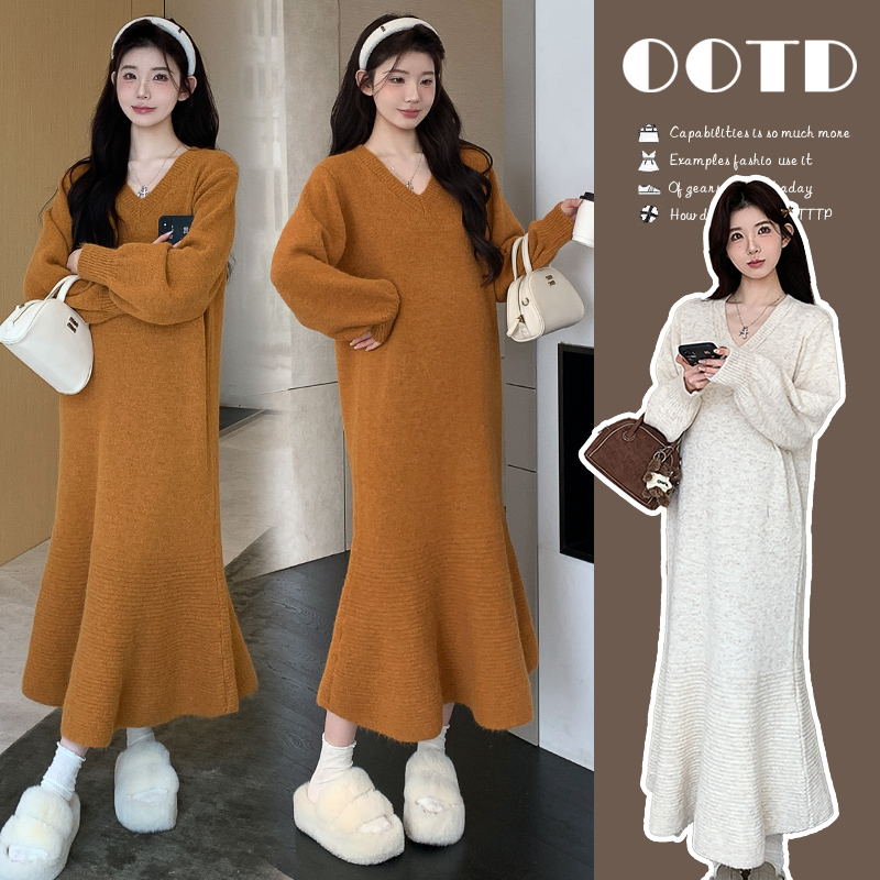 孕妇连衣裙2025秋季设计感针织鱼尾长款连衣裙