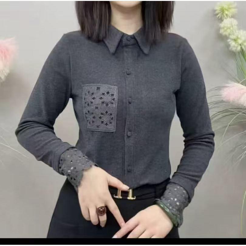 韩系复古蕾丝拼接翻领长袖衬衫女秋冬轻奢高级感内搭打底上衣2572