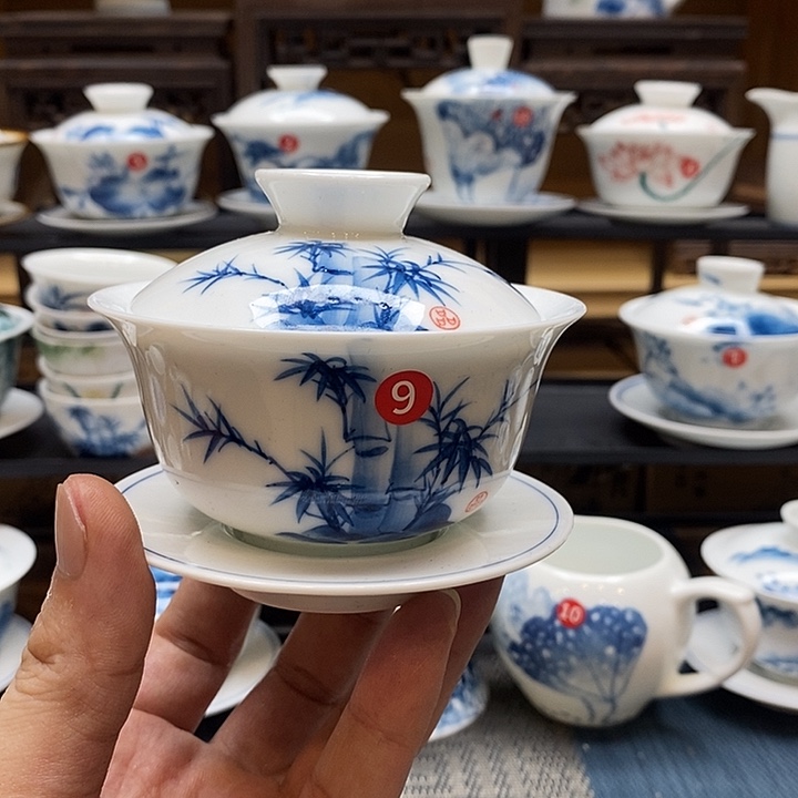 手绘茶具竹子盖碗