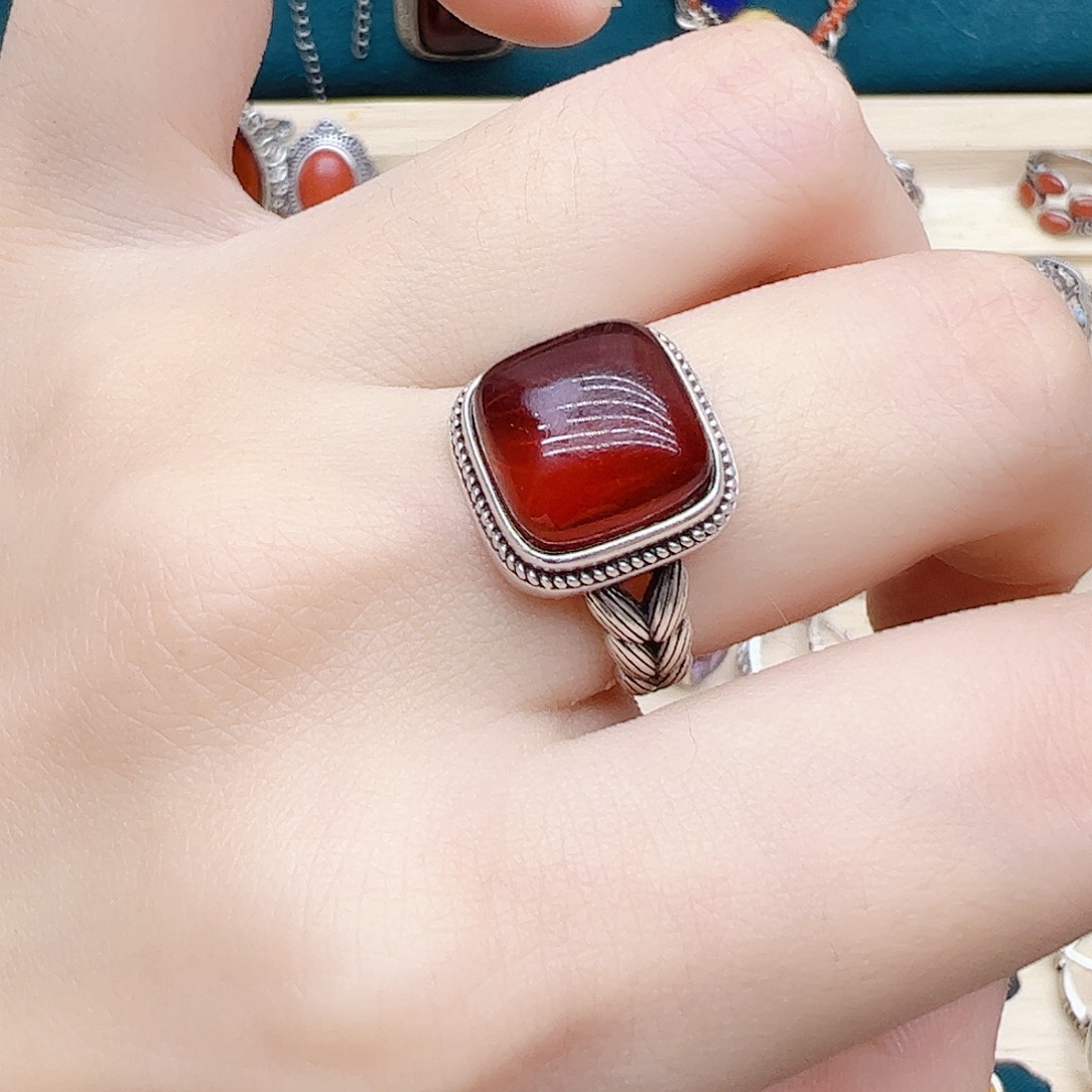 血珀戒指银S925镶嵌天然