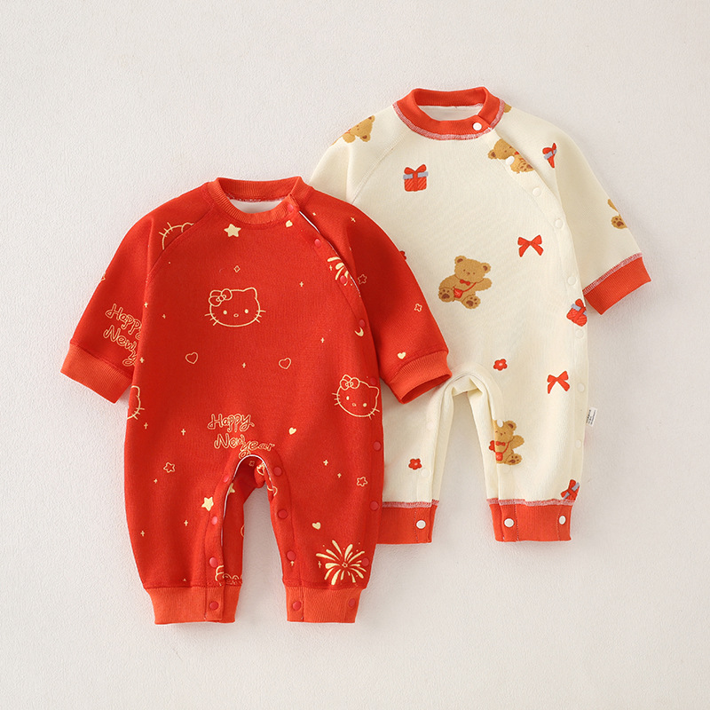 婴儿连体衣秋冬男宝宝喜庆新年拜年服冬装针织加绒加厚哈衣爬服