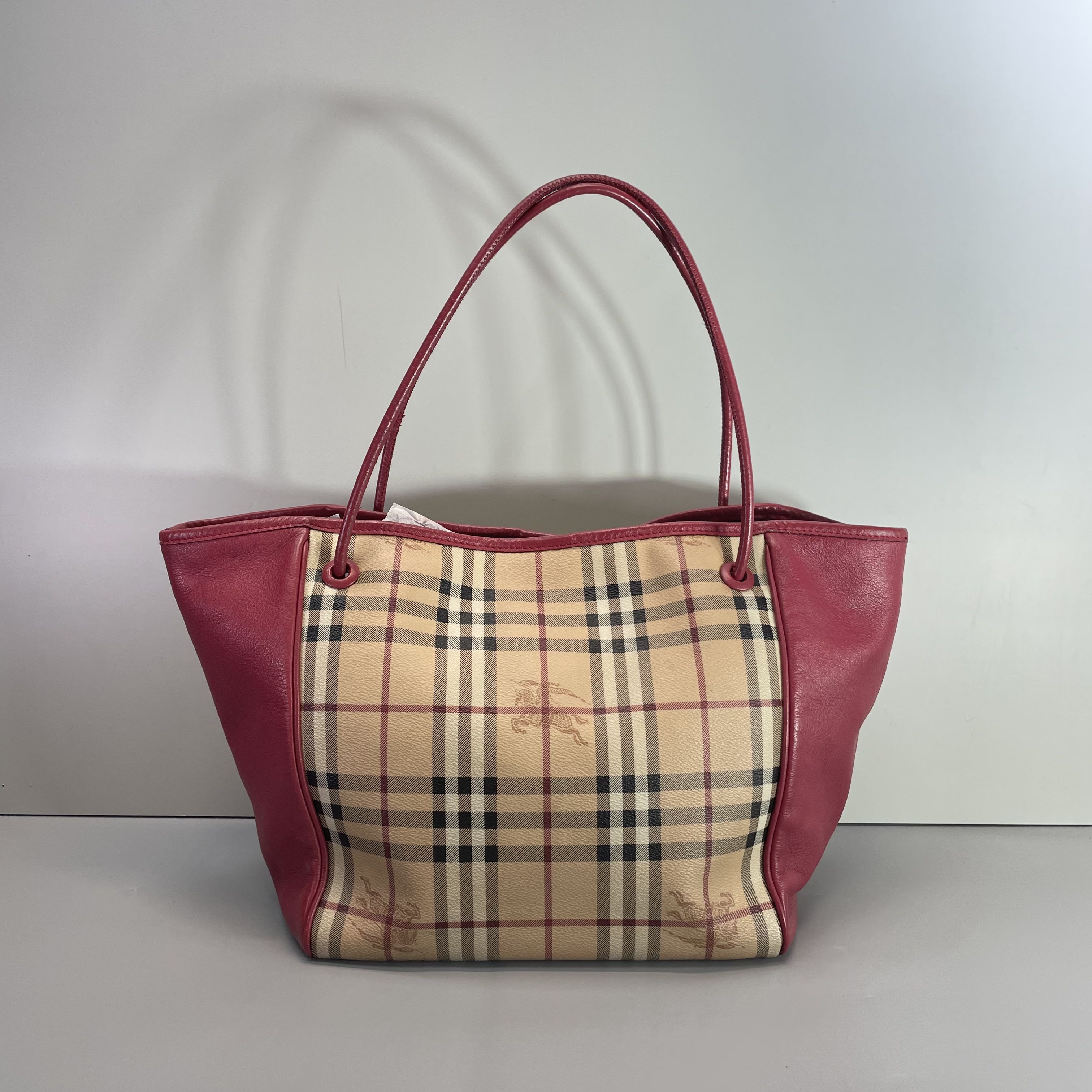 95新 BURBERRY/博柏利 媚姐/巴宝莉红拼手提包27x26x17cmG032701