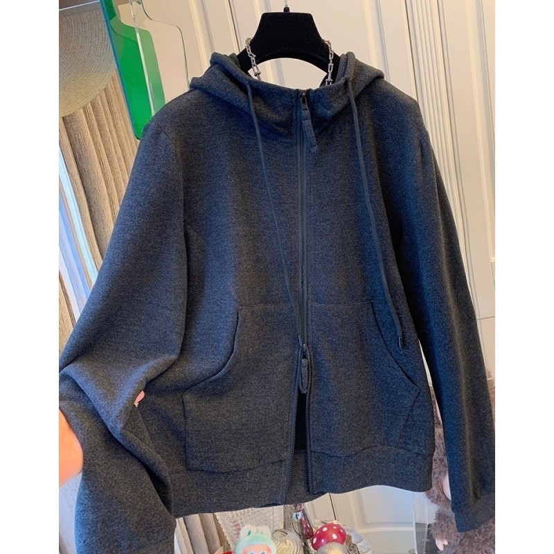 02802独特美式软糯双拉链绒连帽衫卫衣宽松外套内搭上衣女秋冬款