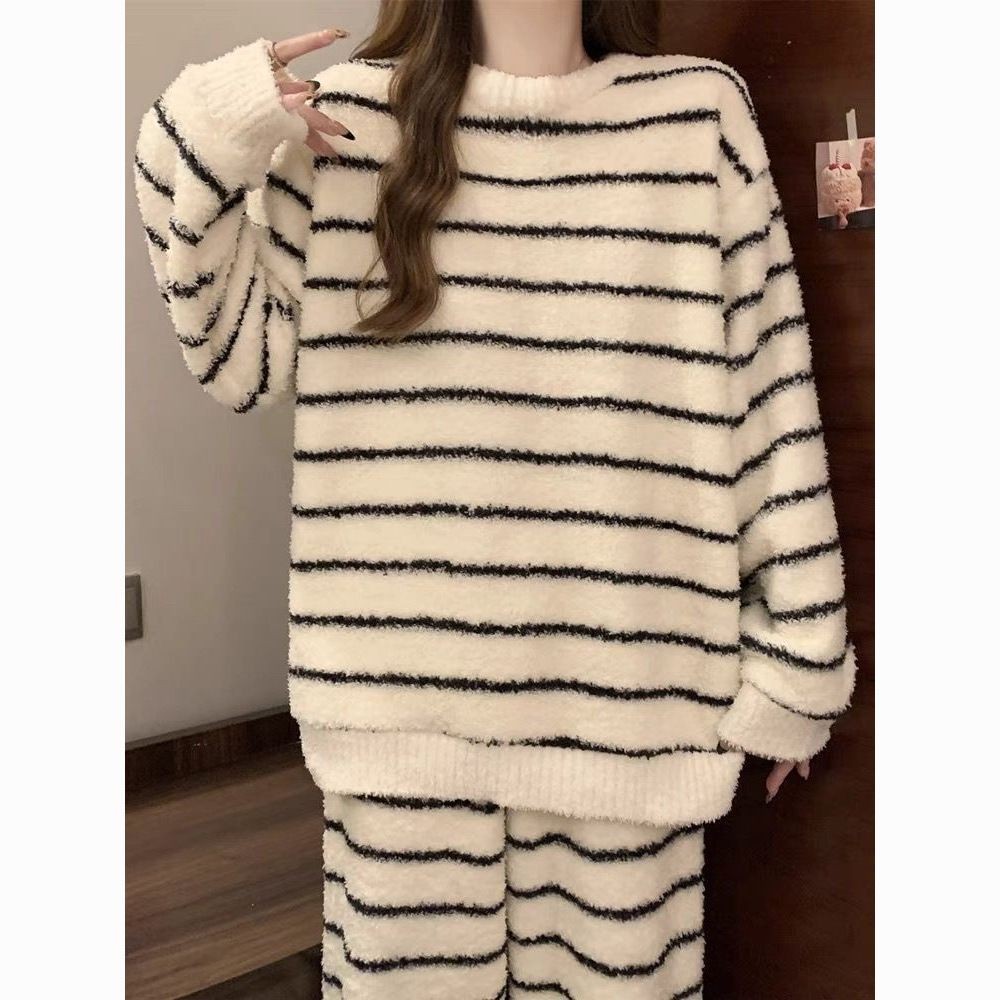 TULX珊瑚绒睡衣女冬季甜美条纹休闲软绵绵可外穿少女半边绒家居服