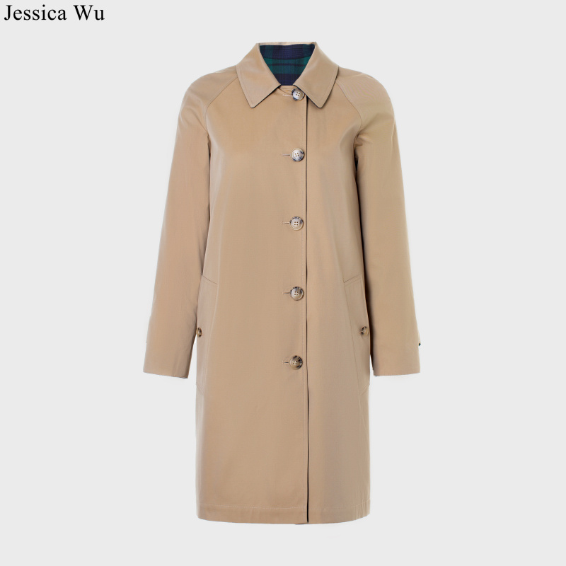 JESSICA WU秋冬英伦风经典碰撞时髦升级版精梳棉两面穿长款风衣