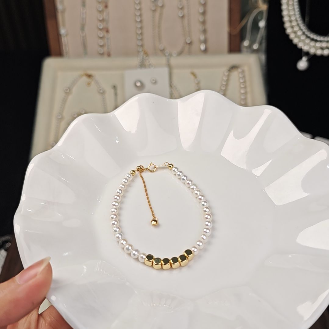 淡水珍珠银S925镶嵌淡水珍珠手链小方糖