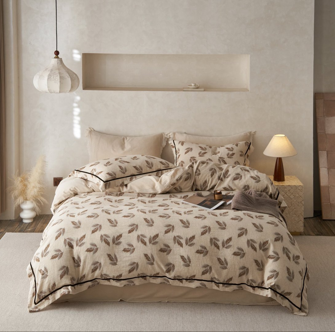 【Jbest】棉麻四件套复古轻奢雨露麻色织提花透气亲肤床上用品-木槿