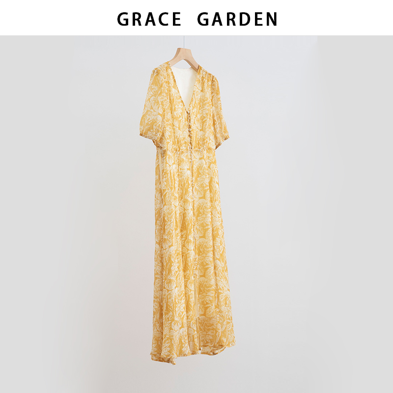 GRACE GARDEN【茶歇裙！】V领法式复古碎花连衣裙DR5E2113