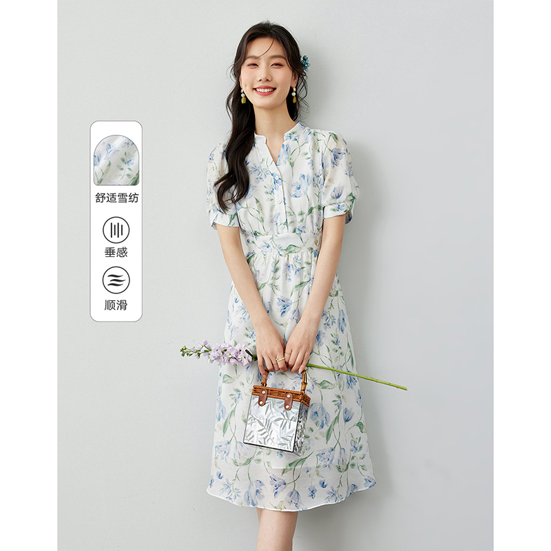 *法式雪纺碎花连衣裙2025新款女收腰显瘦a字裙气质V7983