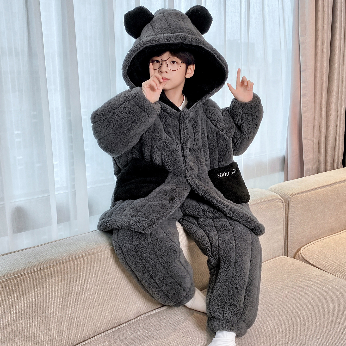 三昌男童睡衣秋冬季三层夹棉加厚珊瑚绒中长款青少年家居服套装