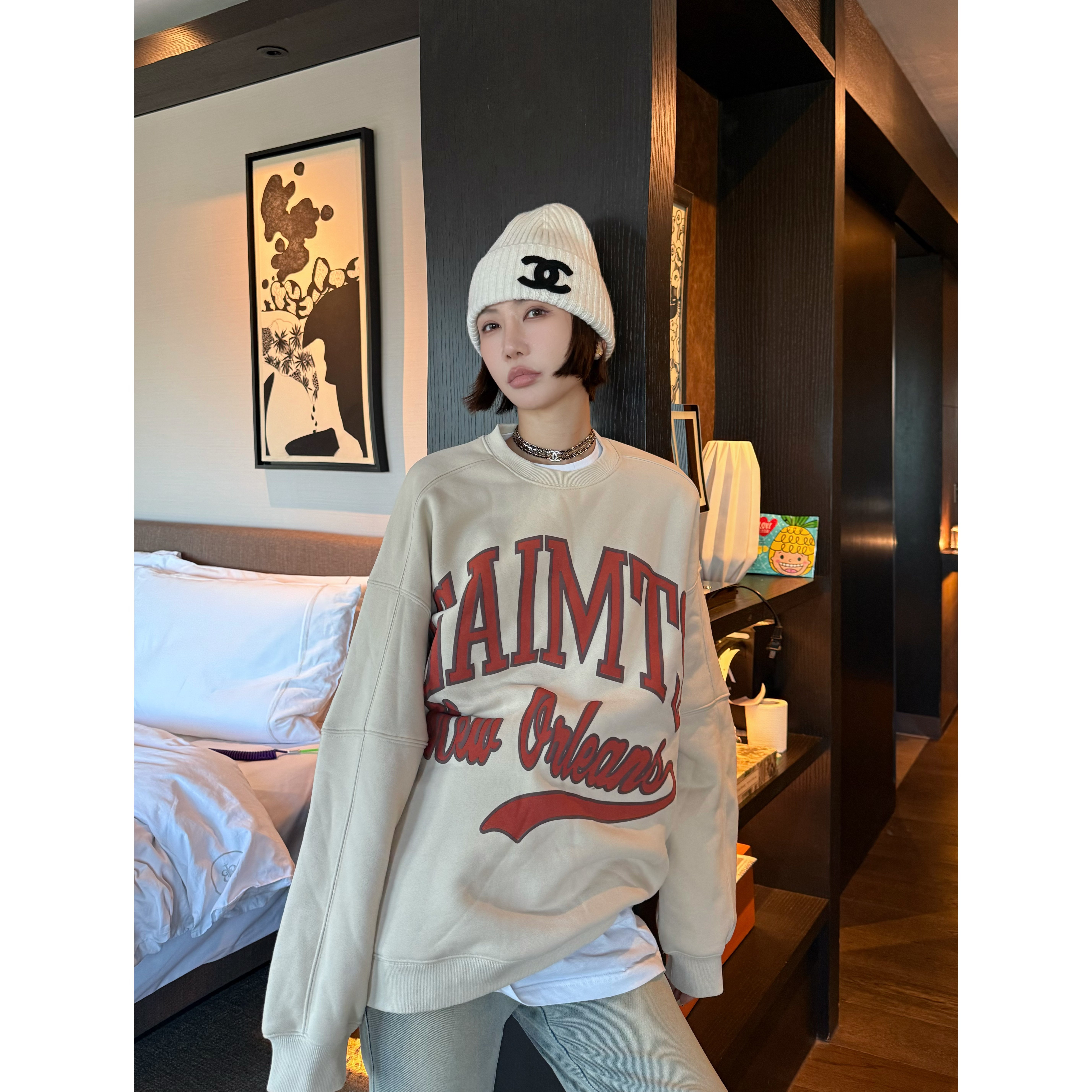 加绒美式复古街头穿搭字母印花卫衣女秋冬ins潮牌衫  SWW14145