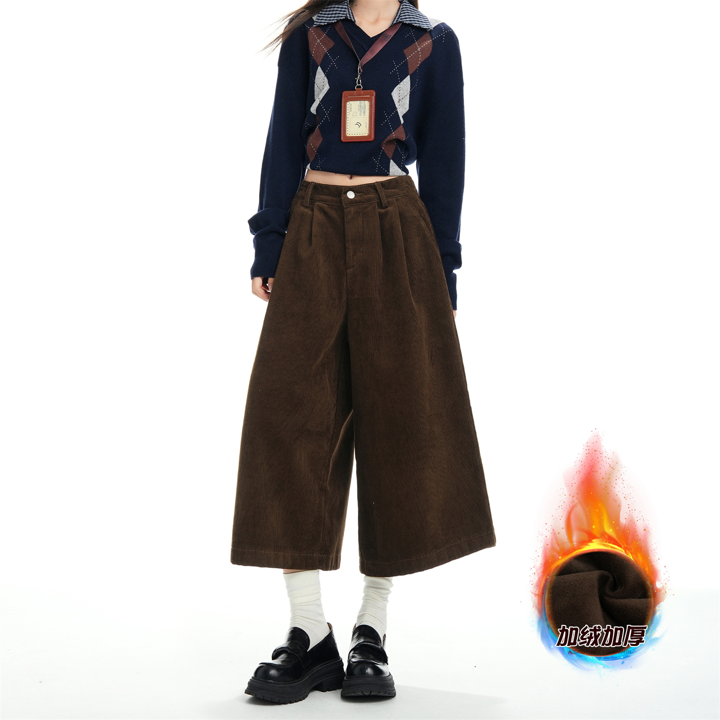 灯芯绒加绒加厚八分阔腿裤女宽松秋冬季小个子高腰保暖显瘦休闲裤