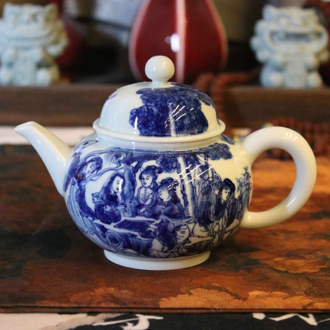 清欢柴窑青花重工人物手工手绘壶徐胜贵老师作品十二金钗高端茶具