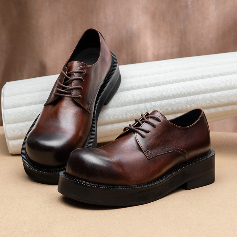 高级感大头德比鞋男士软牛皮黑色厚底增高英伦风潮流商务休闲皮鞋