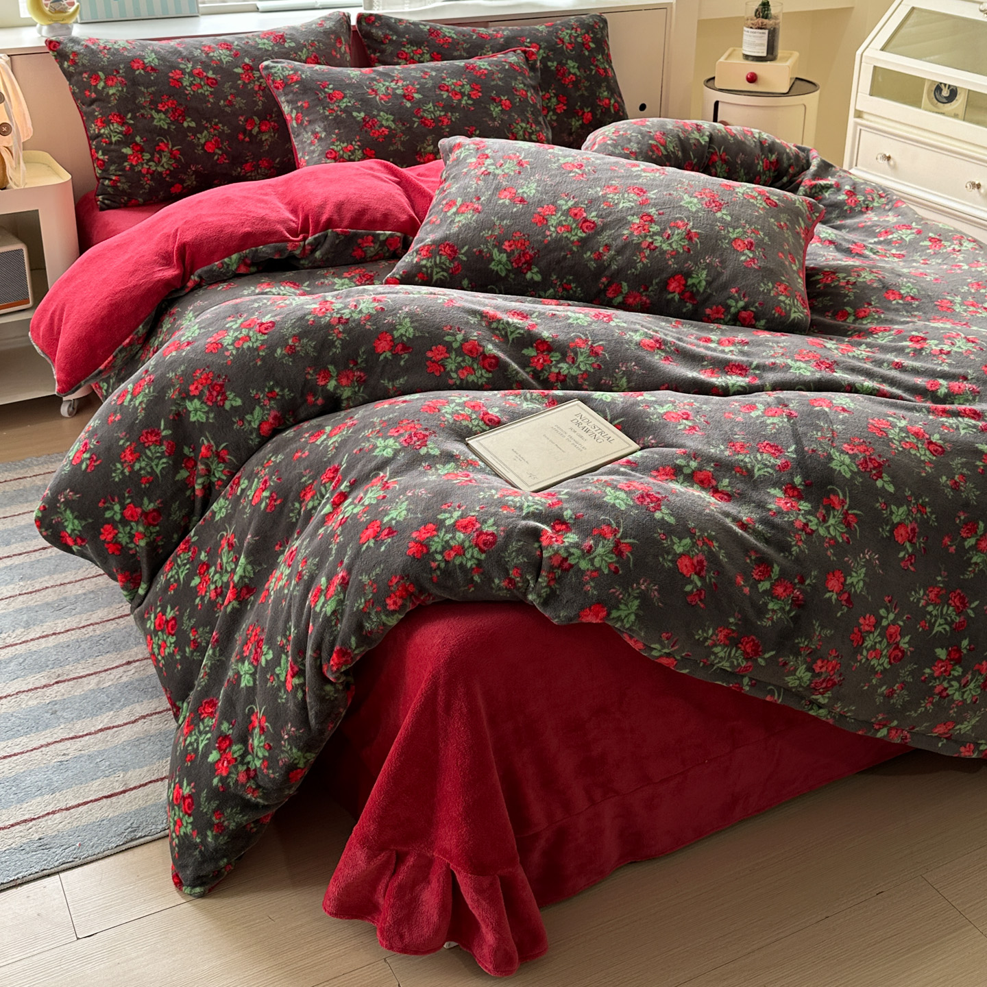 冬季牛奶绒新款秋冬加厚牛奶绒四件套保暖防寒床品床裙款床品套件