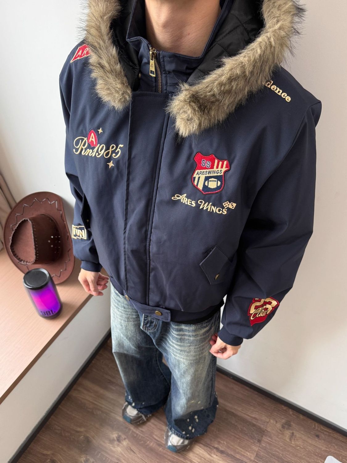 美式勋章刺绣座山雕棉服秋冬可拆卸毛领棉衣外套