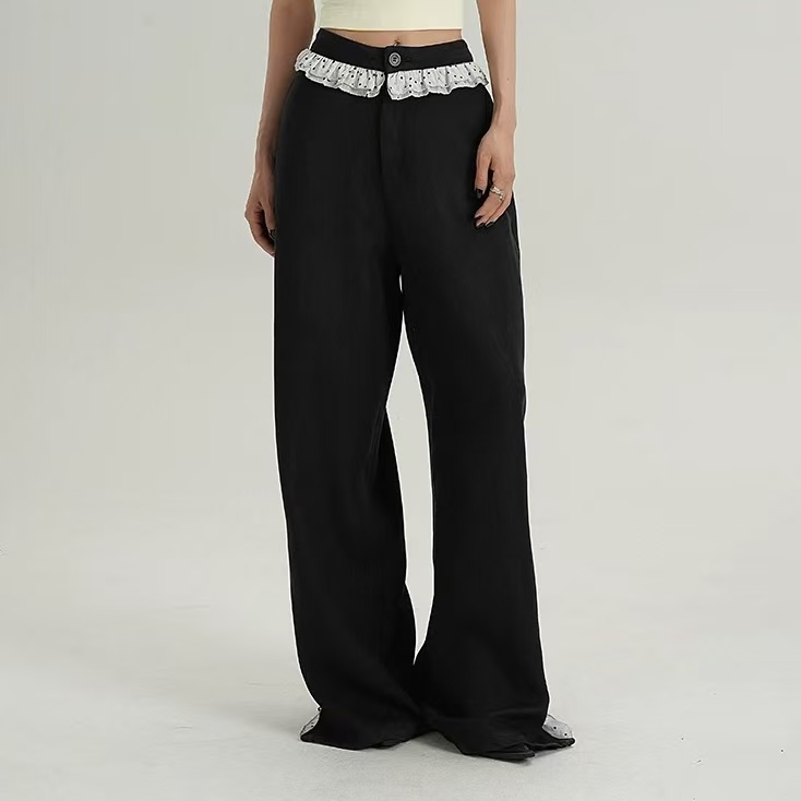 【Z】524/623195/149-9  气质拼接蕾丝裤脚拉链设计感直筒裤长裤