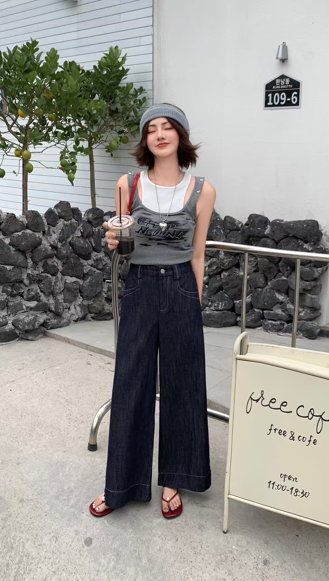 阔腿裤蓝色极简风休闲无弹夏季牛仔裤韩版复古牛仔女宽松高腰裤子