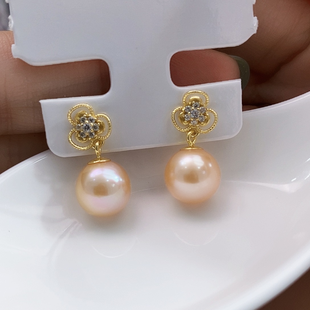 银S925镶嵌稀有极光干枯玫瑰金耳饰淡水珍珠