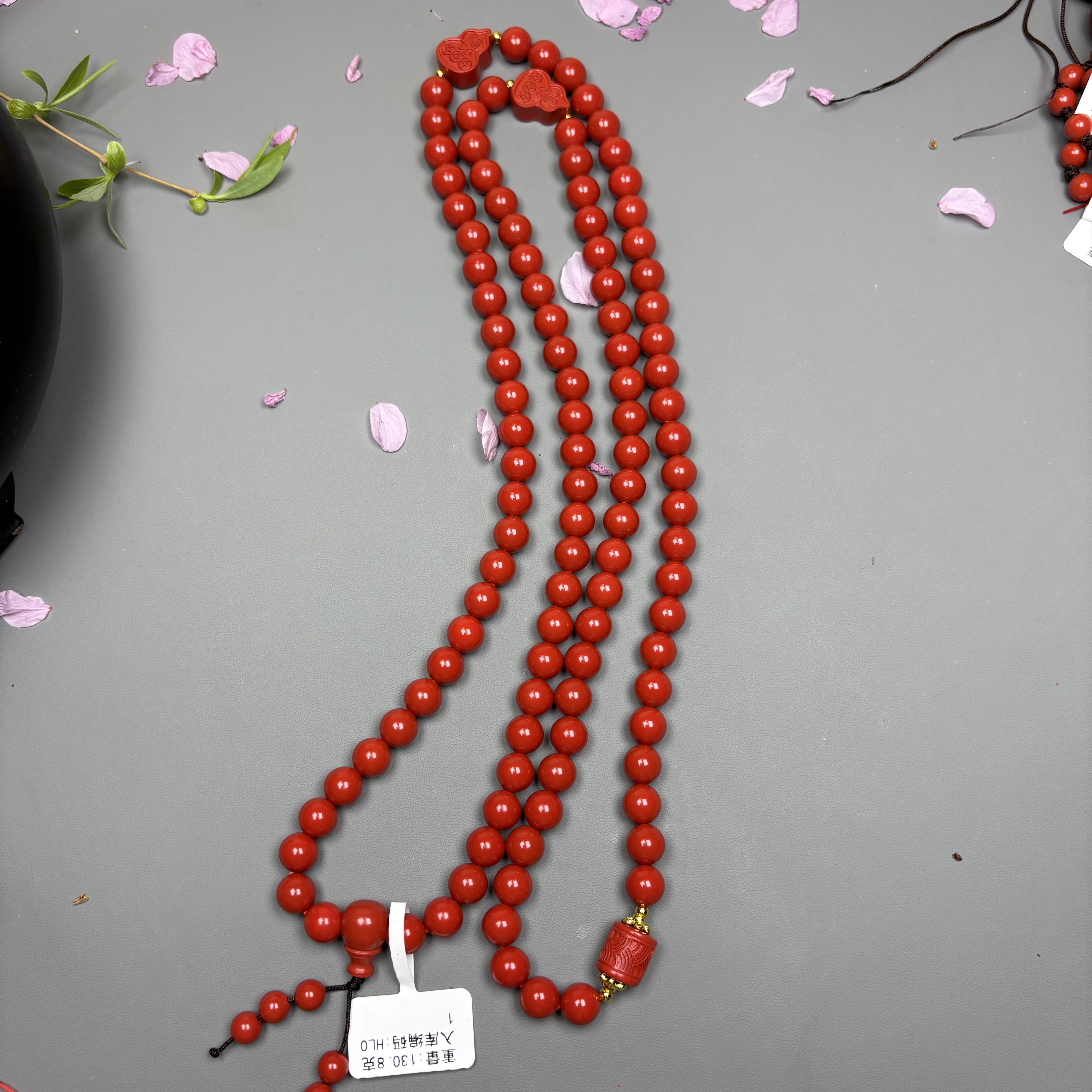 含辰砂工艺品【老张朱砂阁】朱砂水飞砂108卡8MM福禄双收项链HL01