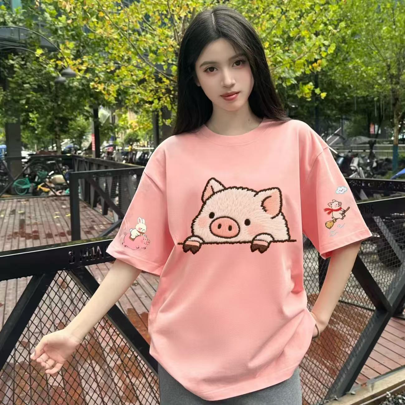 减龄短袖修身型韩版中长款简约风印花ins宽松夏季T恤