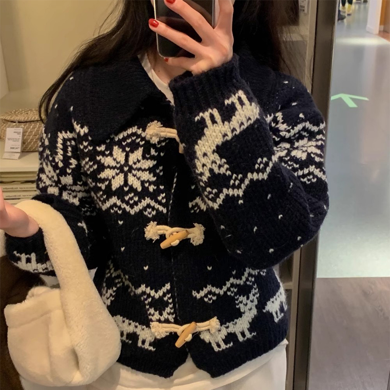 韩国chic秋冬复古学院风牛角扣撞色提花设计厚实长袖保暖毛衣外套
