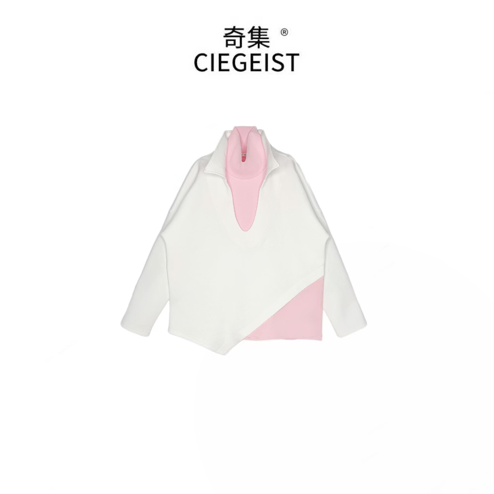 2025秋冬设计师款假两件拼接深V领不规则下摆拼色半高领卫衣2156