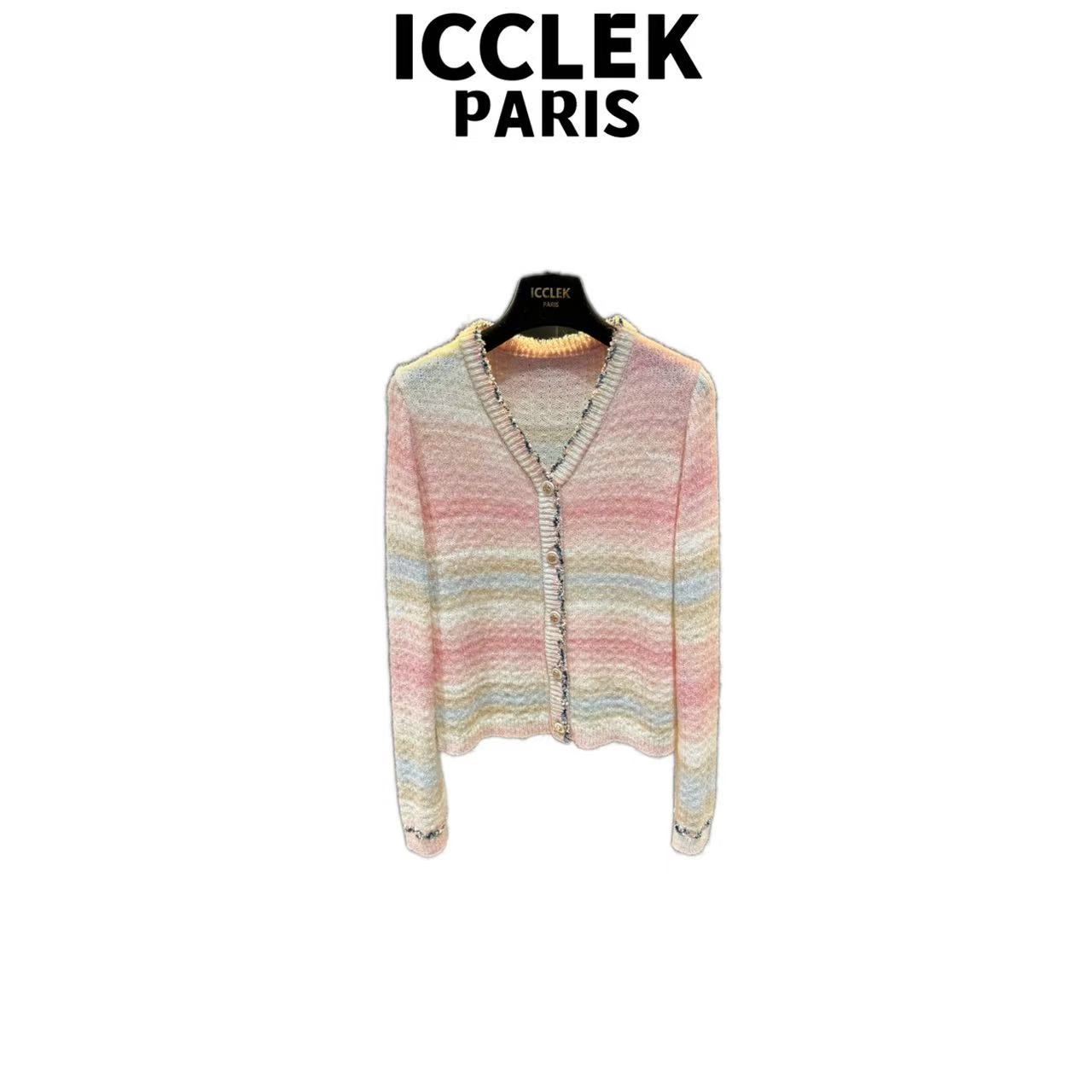 ICCLEK彩虹条纹撞色百搭针织长袖气质减龄百搭显瘦开衫 长袖-9100