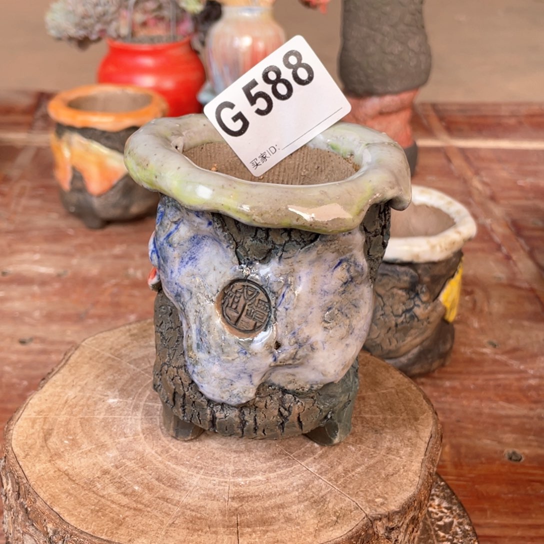 紫砂花盆孤品 不规则油画山石老桩内口5.5