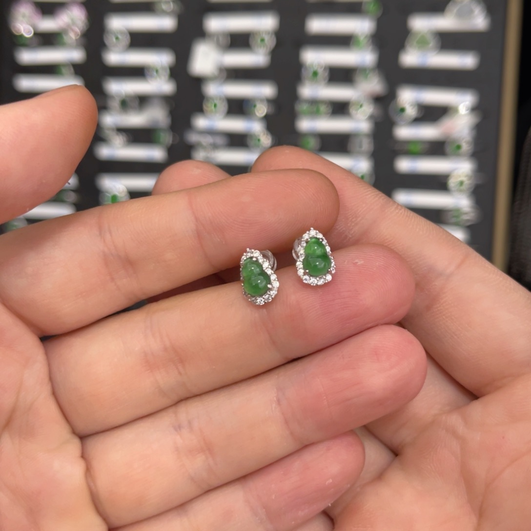 翡翠戒指银S925镶嵌翡翠耳钉