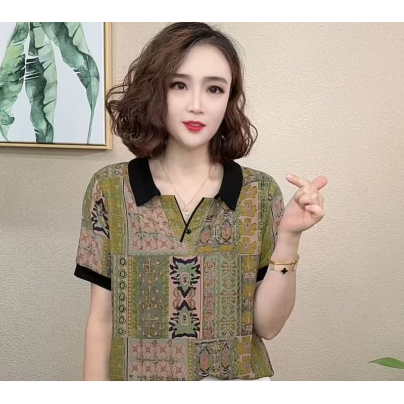 2025夏季新款时尚洋气百搭减龄显瘦气质女短袖小翻领T恤上衣