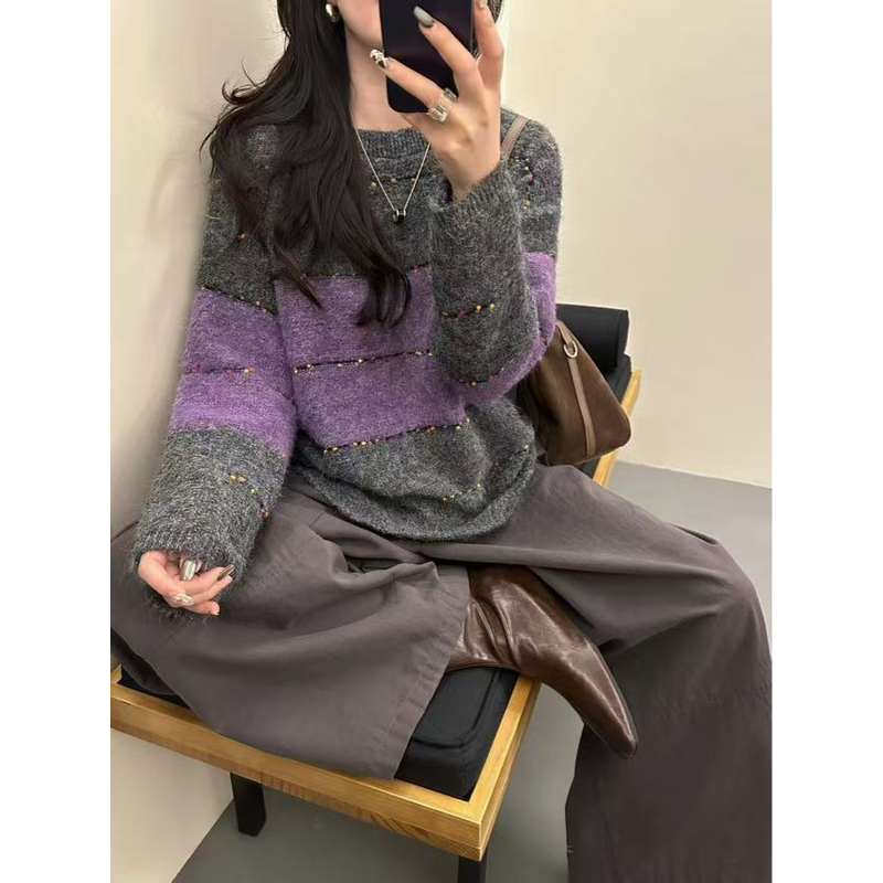 6340【芋泥椰】慵懒风百搭拼色圆领套头毛衣女宽松软糯针织衫氛围感