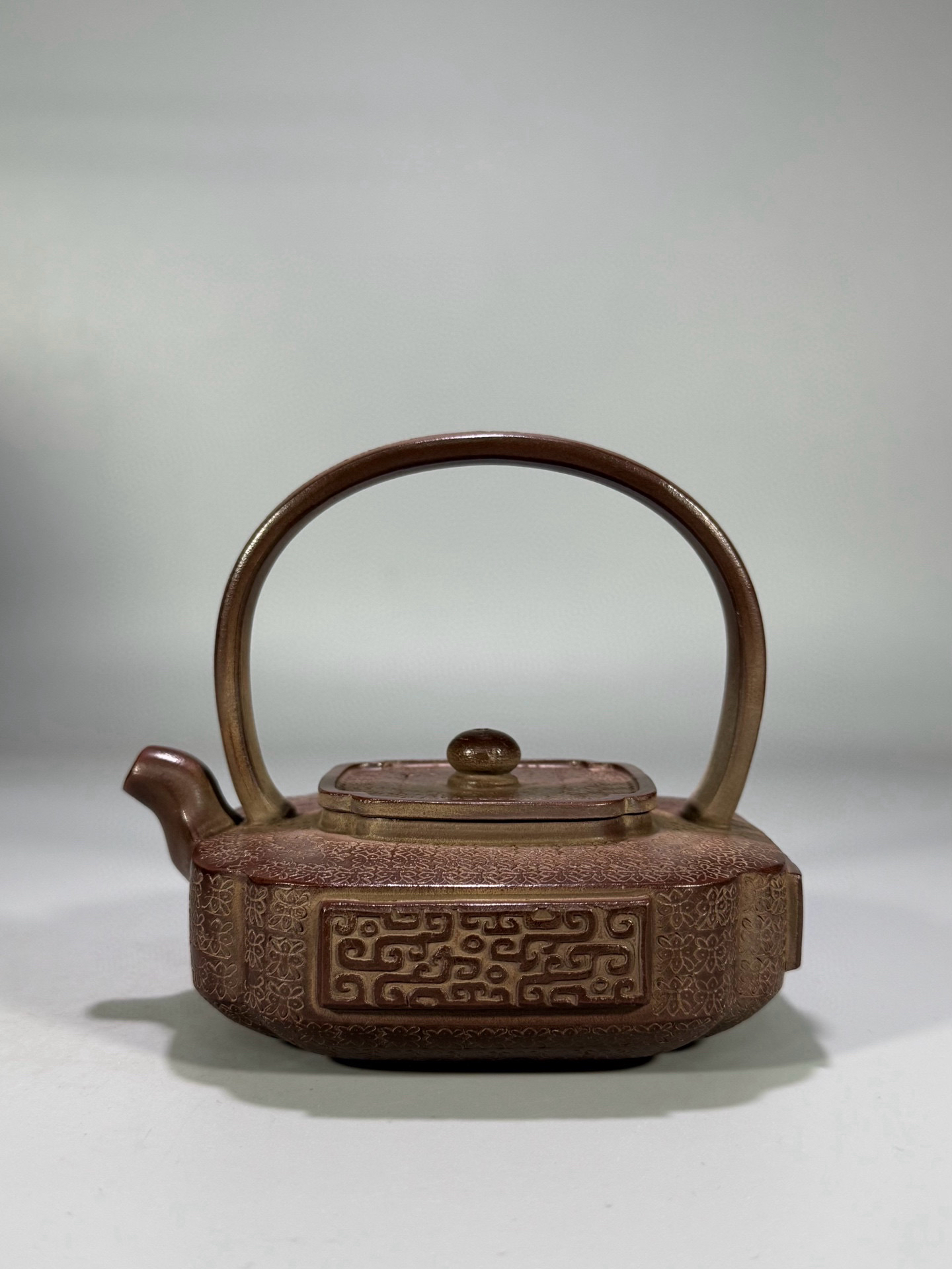 印花贴绘四方隐角提梁壶「麻布纹」 容量约320cc 