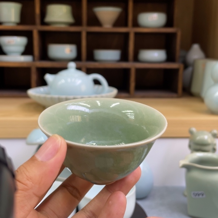 杯子微瑕豆绿斗笠杯