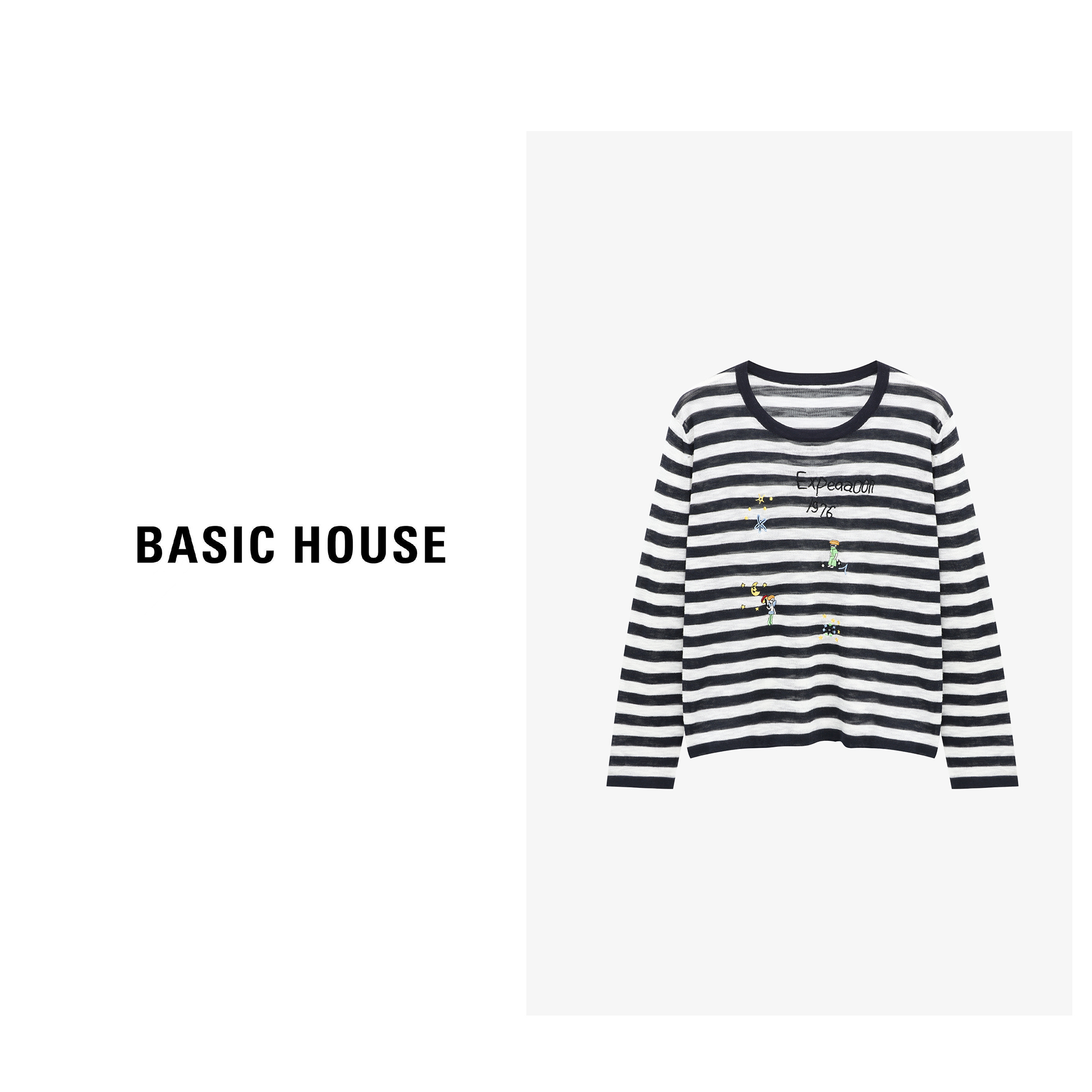 Basic House/百家好秋季新款时尚条纹人偶刺绣针织衫-B0625B5IMA2