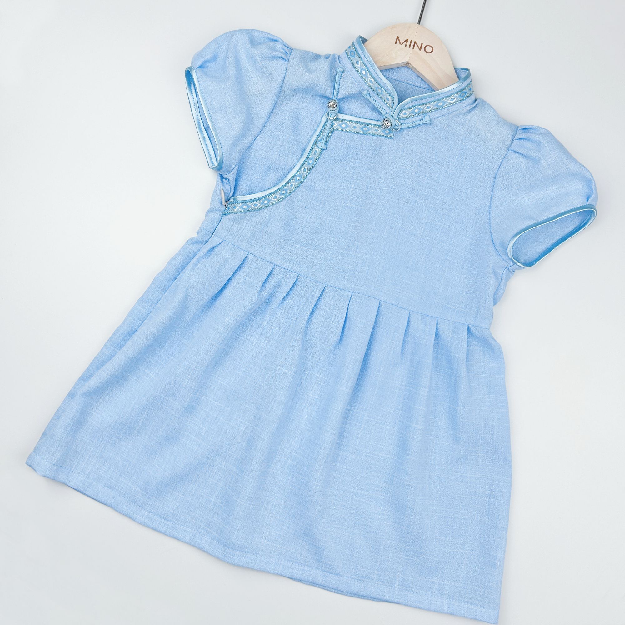 【MINO】儿童夏季短袖洋气连衣裙女童时尚蓝色夏款宝宝休闲泡泡袖