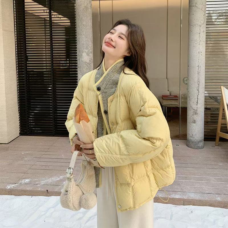 664---黄色假两件针织拼接女2025冬季短款韩系氛围感外套