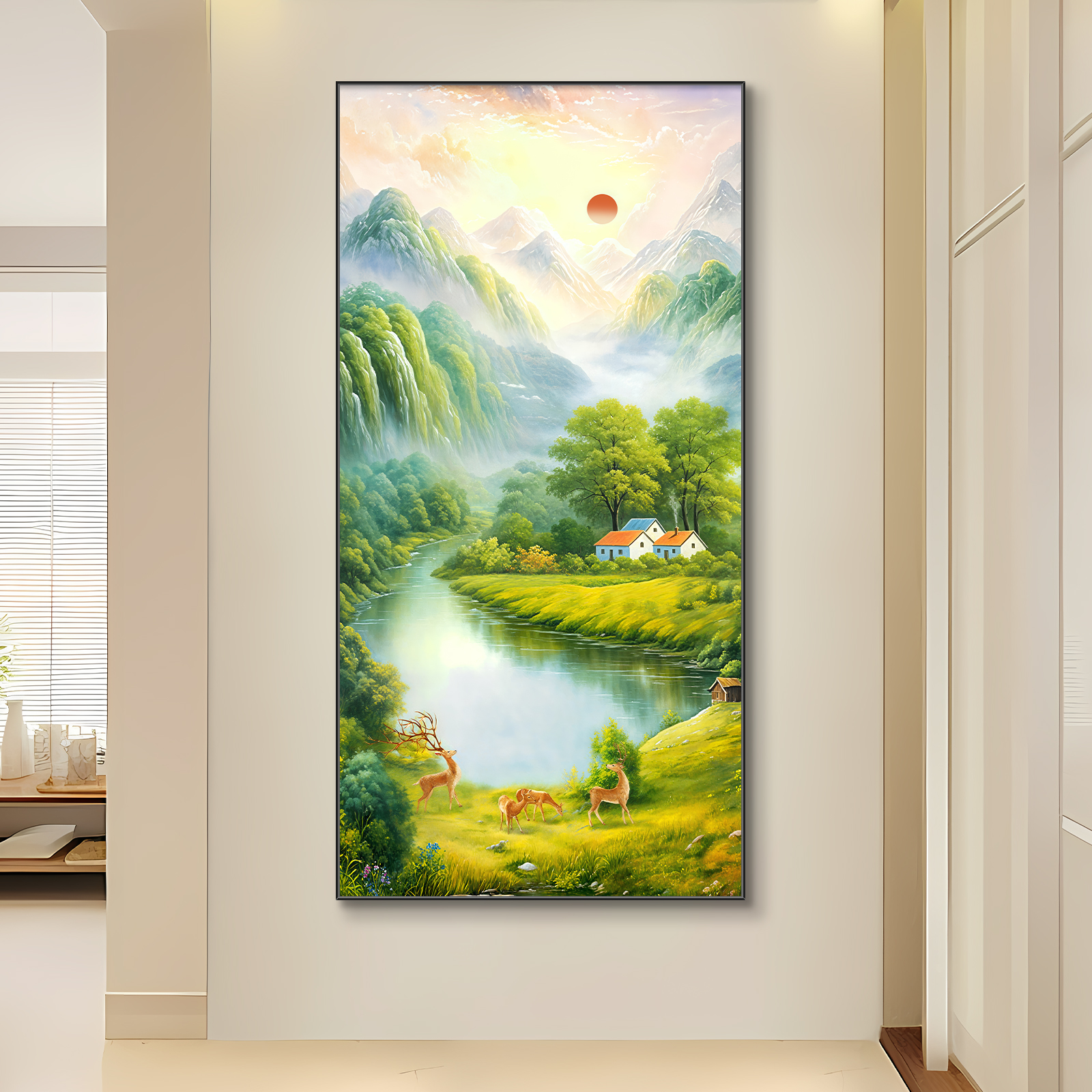 聚宝盆旭日东升山水风景画客厅装饰画入户玄关走廊过道高级感挂画