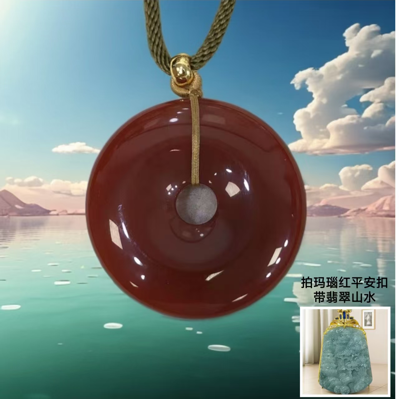 玛瑙红平安扣  吊坠  带山水牌  吊坠 带礼盒  CC 587