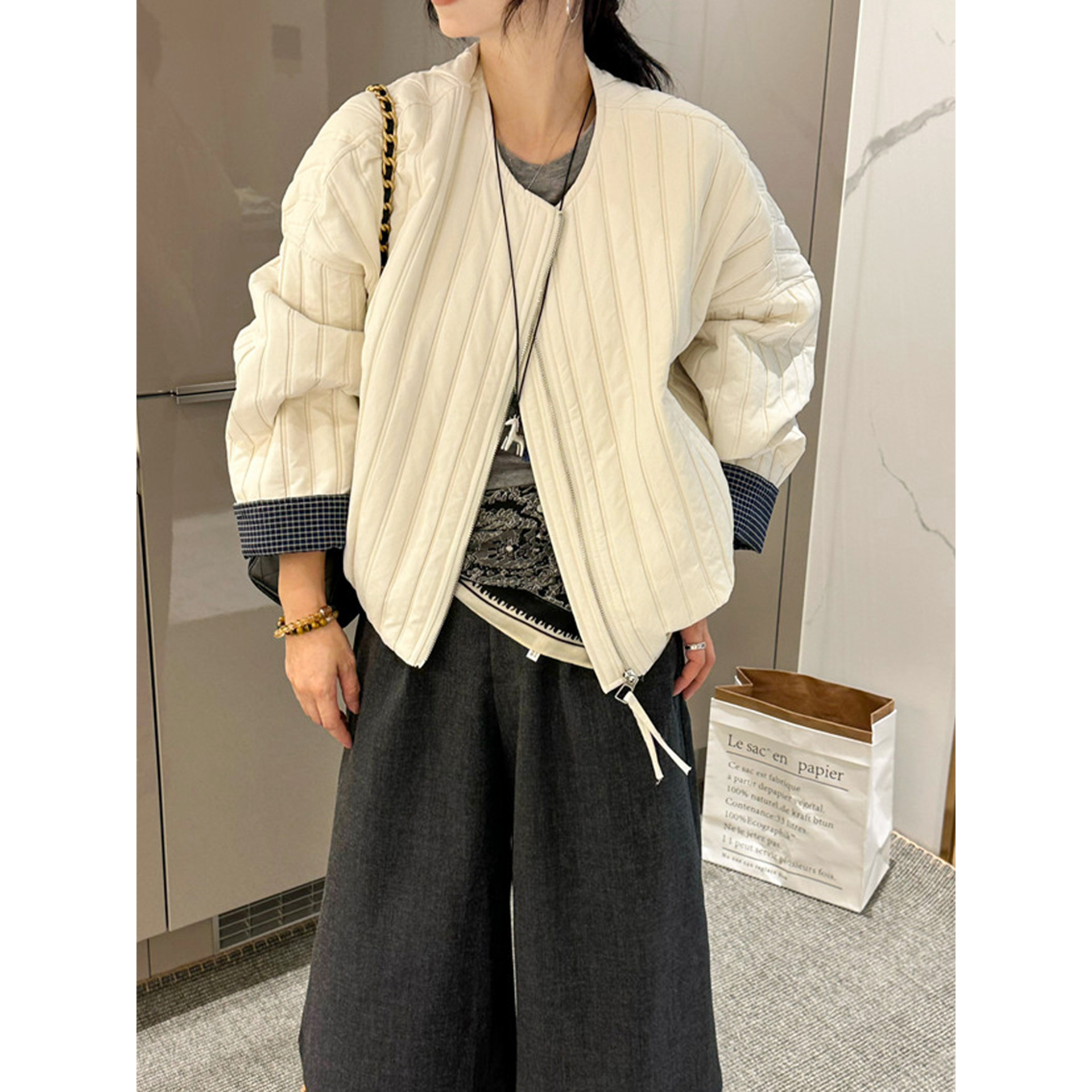 棉服圆领开衫短外套女2025秋季新款宽松休闲棉服上衣