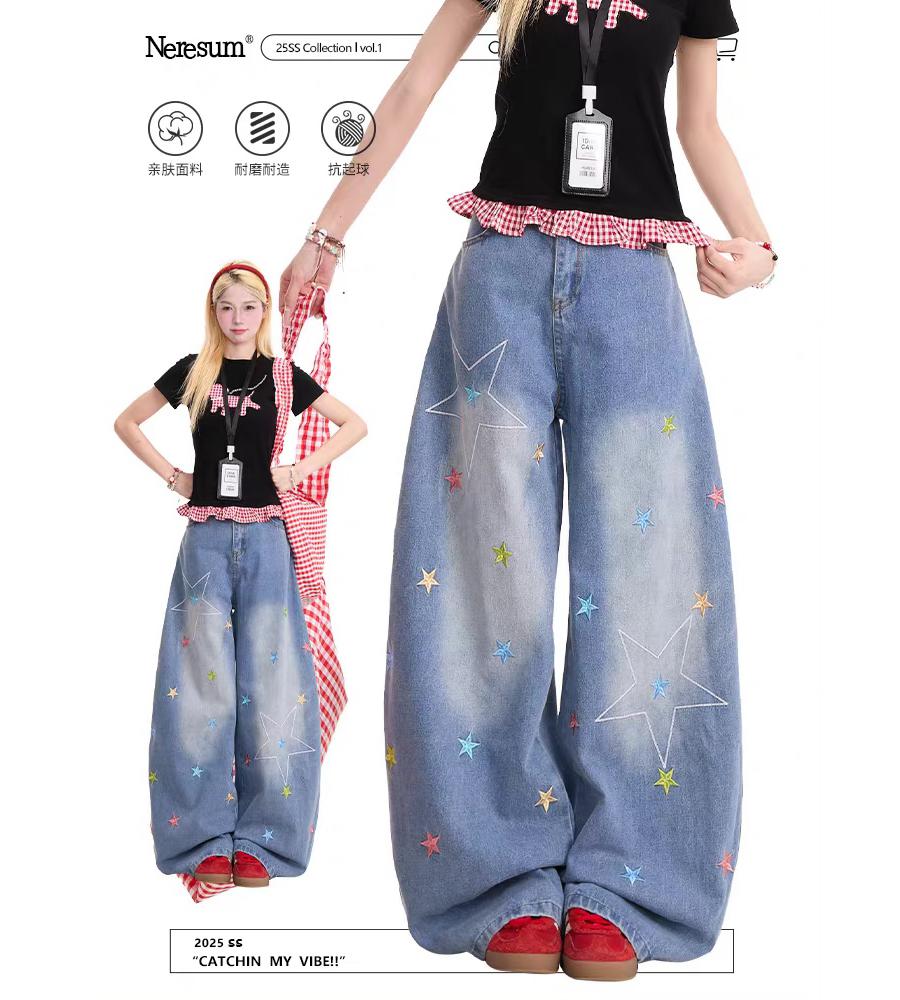 美式复古小众星星刺绣牛仔裤男女高街宽松阔腿水洗做旧弯刀长裤潮